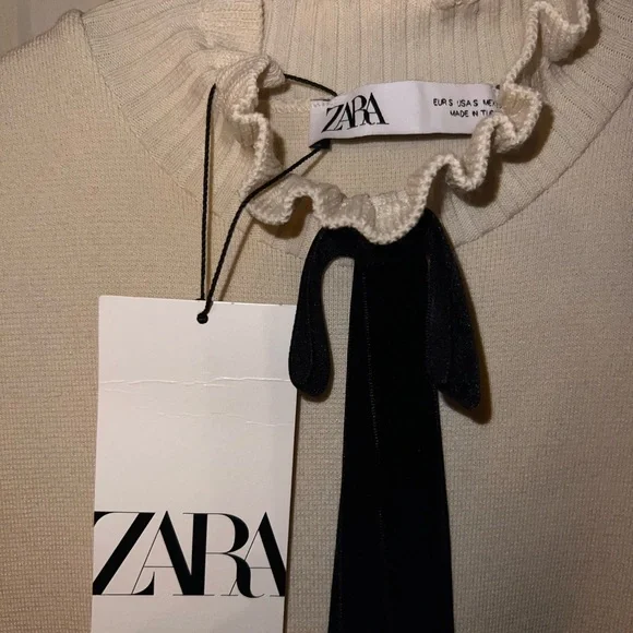 ZARA Knit Dress with Tie Elegant -Cream-Eggshell Sleeveless Dress with Black Bow - Picture 2 of 7